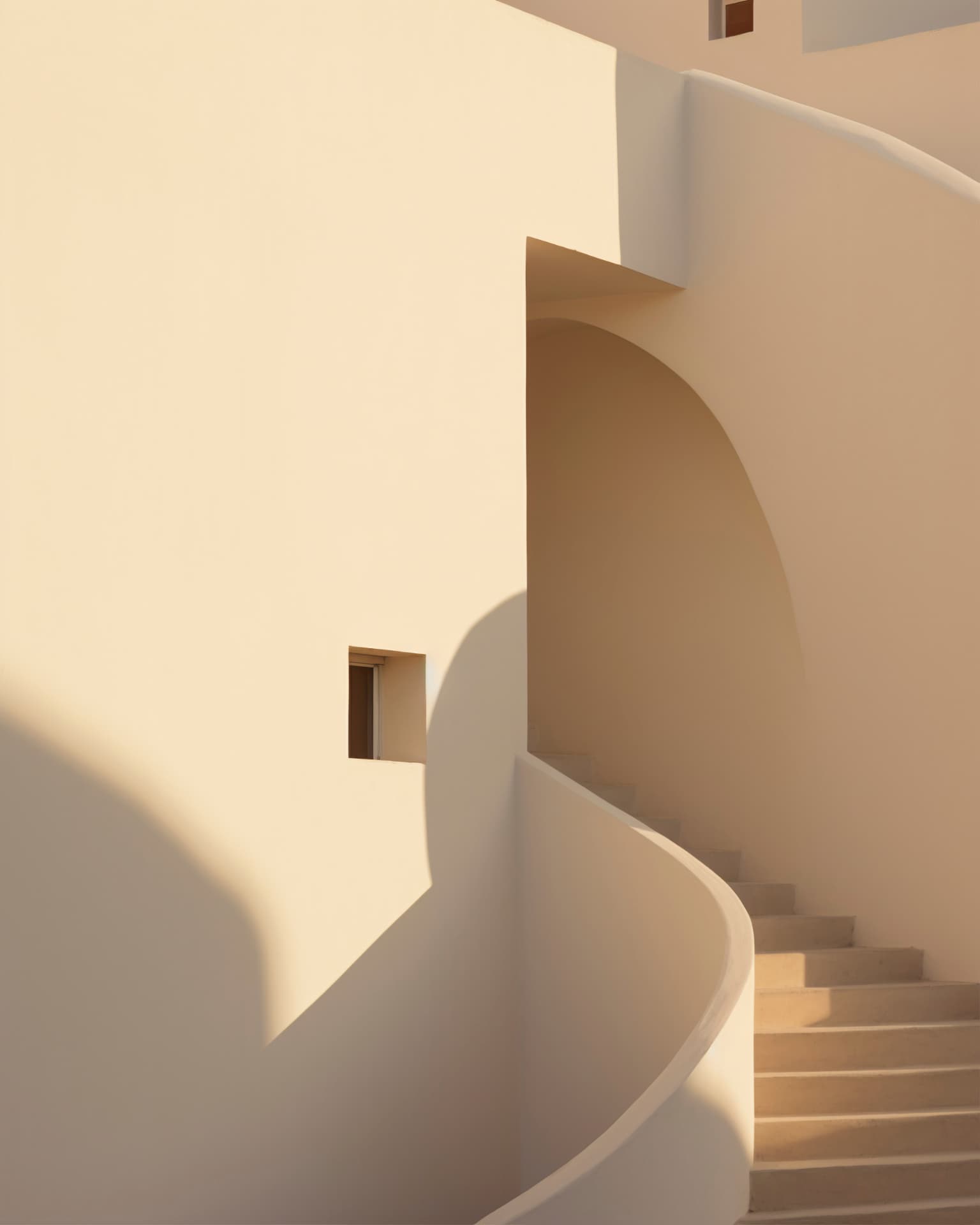 Escalier courbe et mur clair baignés de lumière rasante